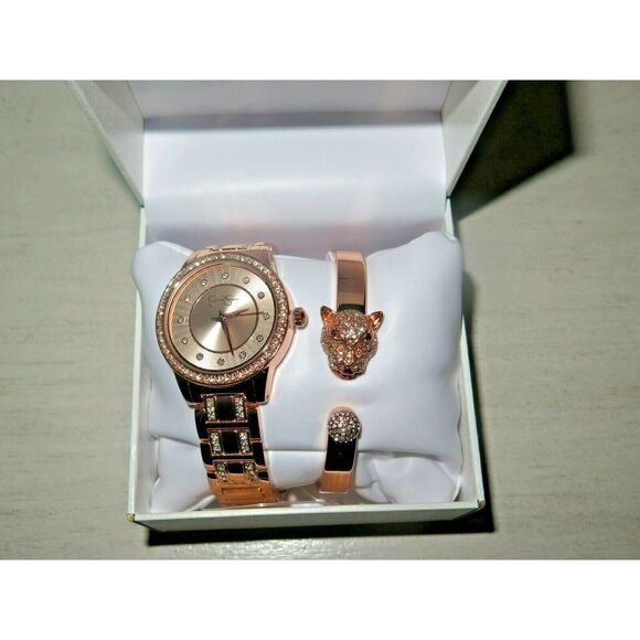Jessica Simpson JSB8002RG Rose Gold Watch w/ Panther/Tiger Bracelet Crystal Pave - Picture 4 of 12